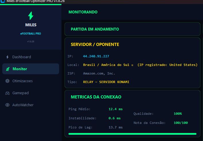 Painel do Miles Optimizer monitorando rede e input lag em tempo real